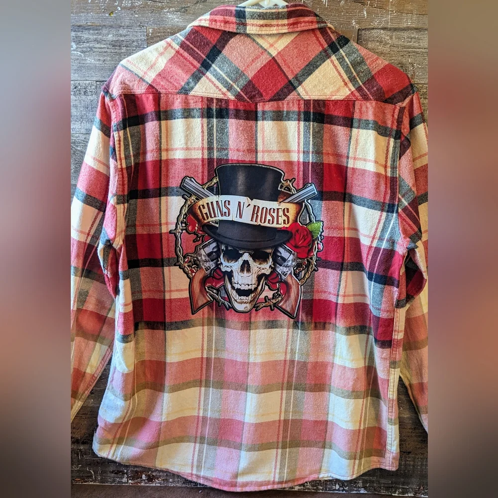 Upcycled Handcrafted Dip Dyed Bleached Flannel Shirt With Guns N Roses - Picture 2 of 13